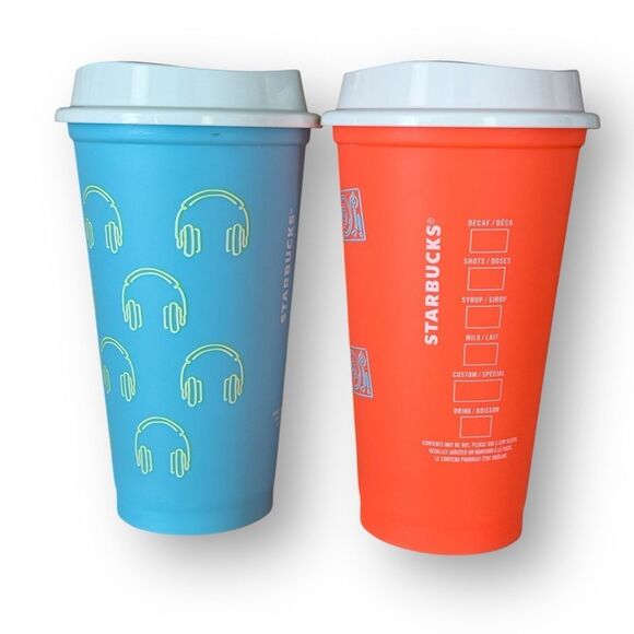2 - Starbucks Reusable Grande 16 oz Hot Cold Cup Cups Bright Orange Baby Blue - Picture 1 of 13